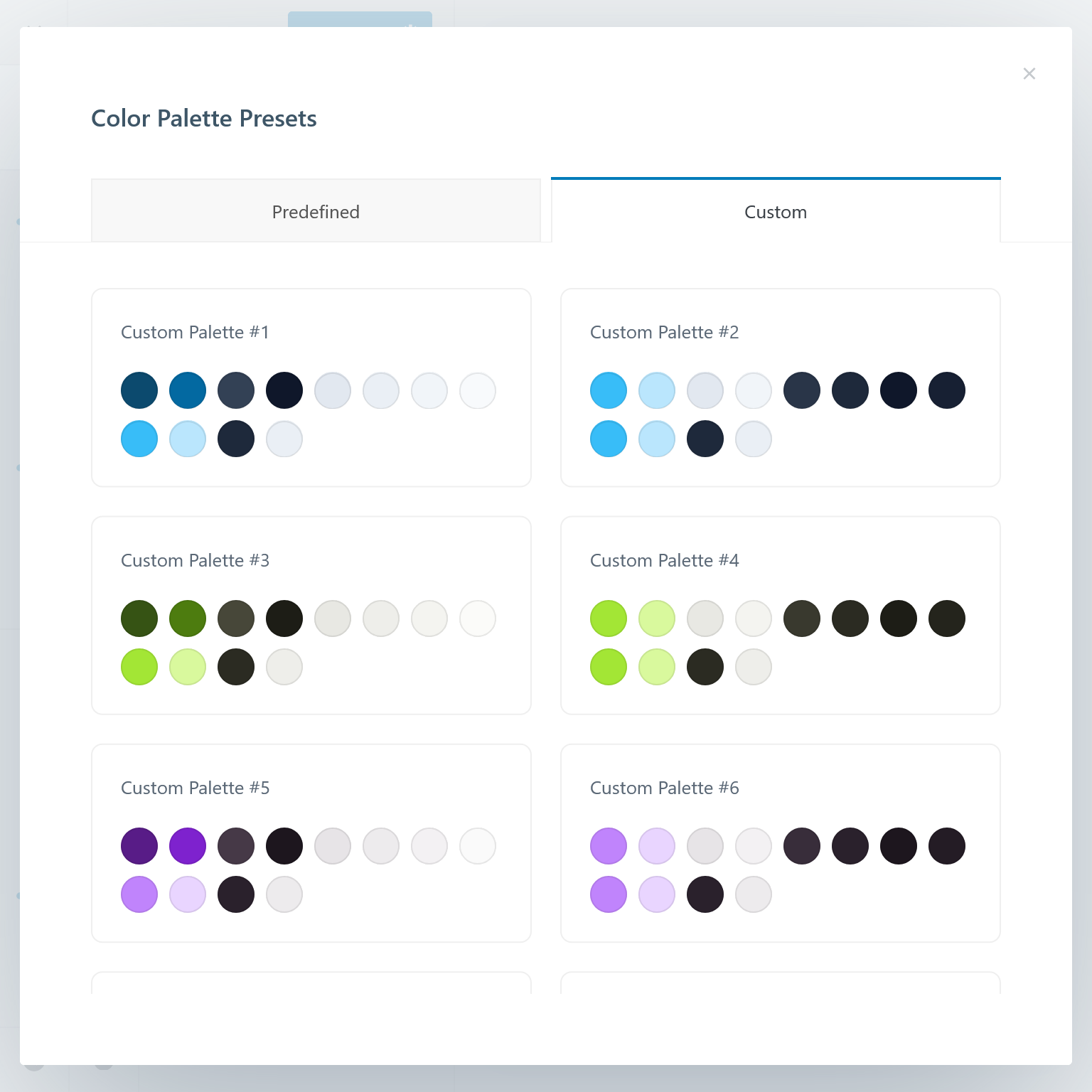 Screenshot from the customizer colour presets showing different example palettes, each in both light and dark mode.