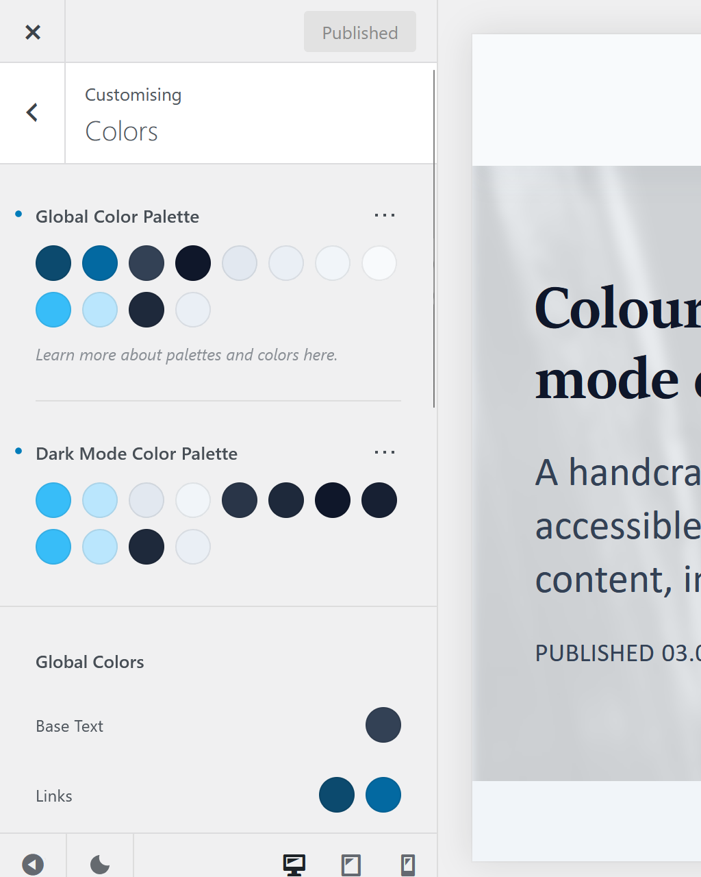 In Customiser General Color a global color palette is chosen for light and dark mode.