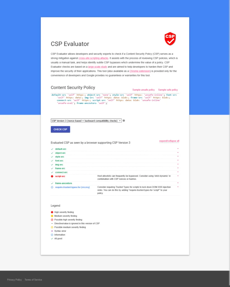 Screenshot fra CSP Evaluator viser at alle praktiskt mulige CSP politikker, med undtagelse af 'script-src' er tilføjet og hermed reducerer risikoen for 'cross site scripting'