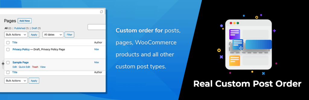 Banner med teksten 'Custom order for posts, pages, WooCommerce products and all other custom post types'