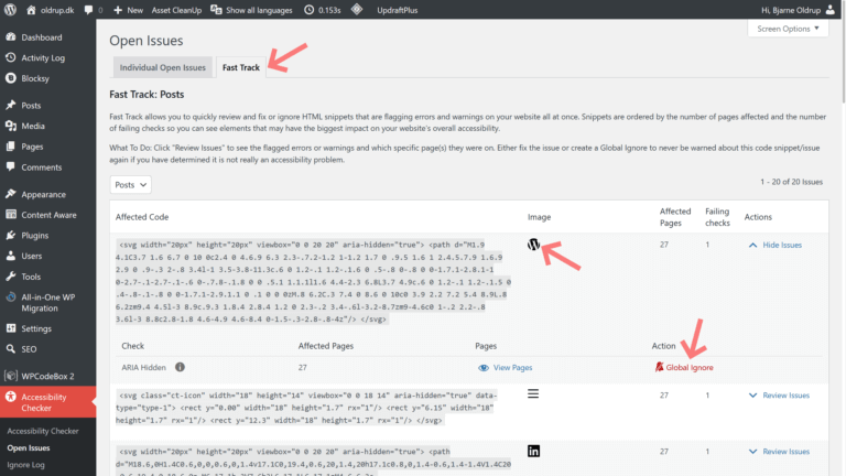 Accessibility Checkers Fast Track-visning viser mig blandt andet, at det sociale ikon for WordPress.org har attributten aria-hidden. Jeg kan vælge at ignorere det problem globalt.