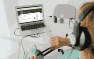 Mockup of woman listening to The EcoSend podcast on her laptop.