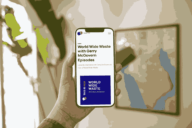 Illustration of a person holding a phone, with the World Wide Waste podcast playing.