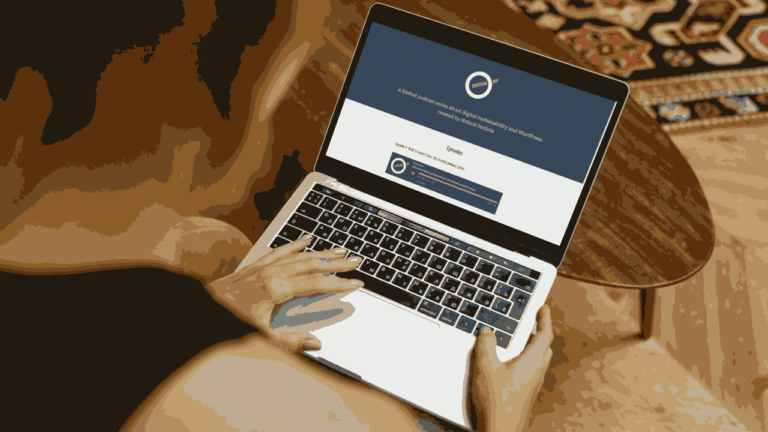 Mockup of a woman browsing the SustainWP website