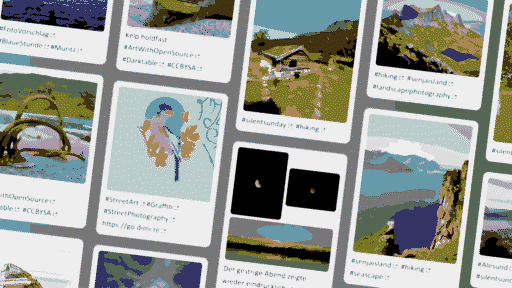 4 bit color illustration of a mastodon feed in a columns layout
