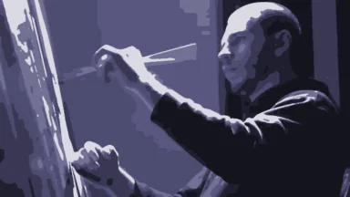 Indigo illustration of an artist at a canvas holding a paintbrush