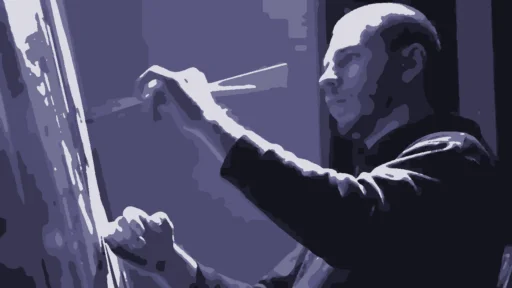 Indigo illustration of an artist at a canvas holding a paintbrush
